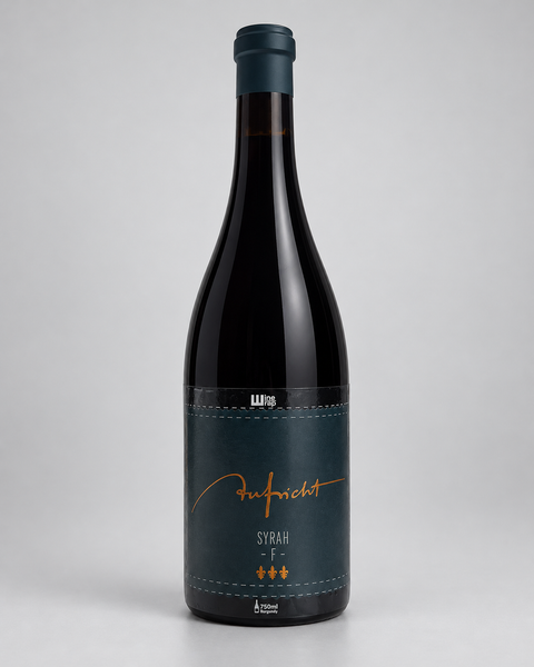 Weingut Aufricht Syrah F — 淺灰色無縫背景，中性打光；4:5，完整酒瓶