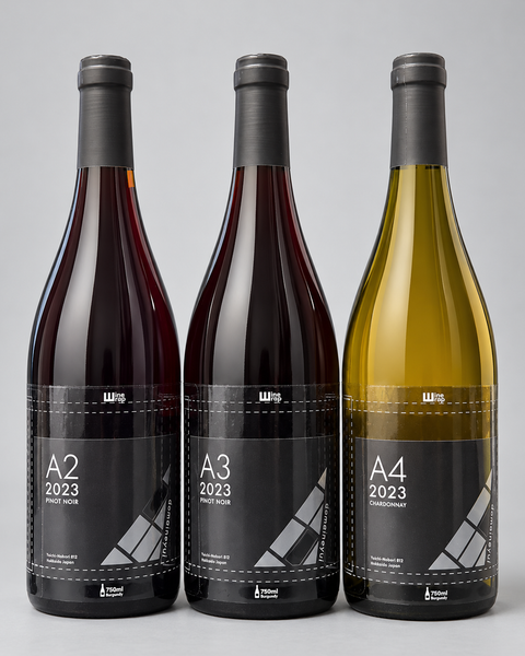 Domaine Yui 2023 A2 Pinot Noir, A3 Pinot Noir and A4 Chardonnay three-bottle set — light grey background